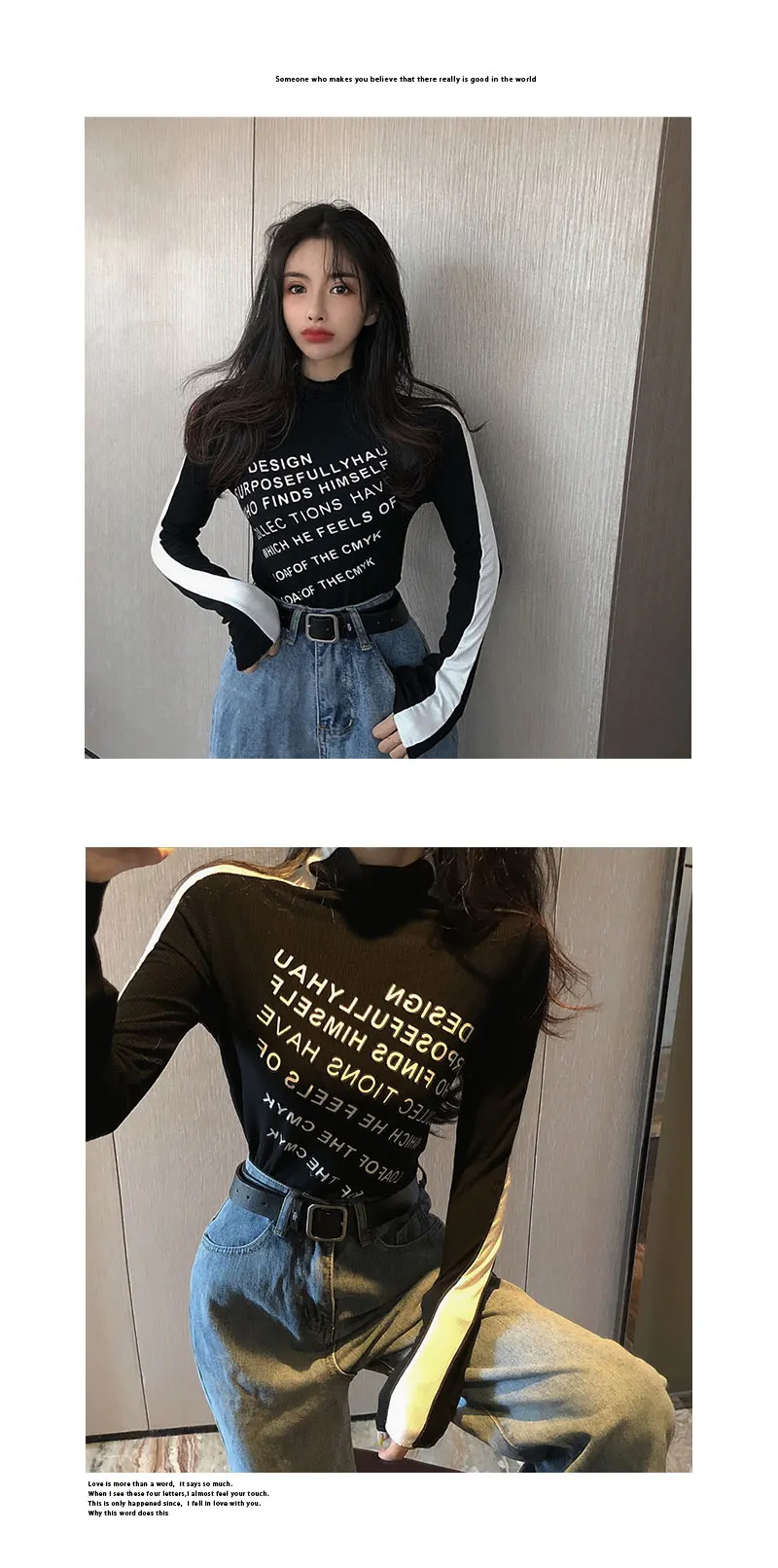 Camiseta mujer осень зима Корейская одежда vogue водолазка с буквенным принтом Топ с длинным рукавом Базовая Женская Футболка женская