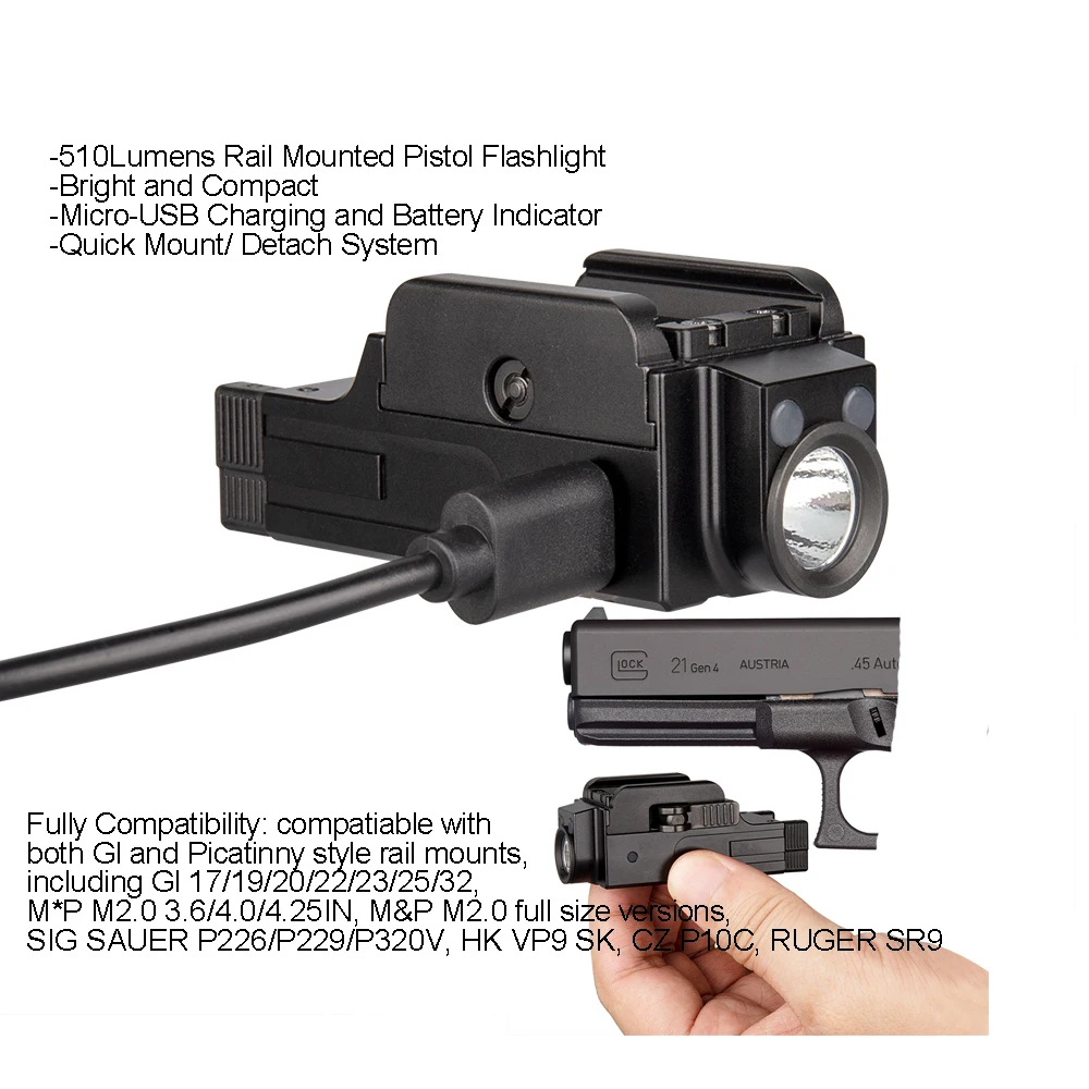 Trustfire GM21 510Lumens USB Rechargeable Quick Release Pistol Light Flashlights 