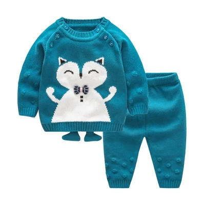 Весенне-осенний шерстяной комплект для маленьких девочек и мальчиков вязанный хлопковый свитер, комплекты одежды теплый пуловер для малышей, брючный костюм Одежда для новорожденных - Цвет: as picture