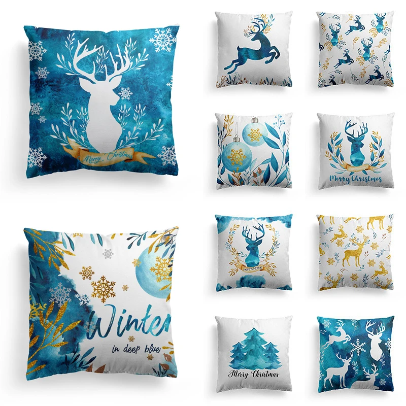 Christmas Style Elk Print Cushion Cover Square Pillow Home Sofa Car Blue Decorative Throw Case 45*45cm Xmas Gifts | Дом и сад