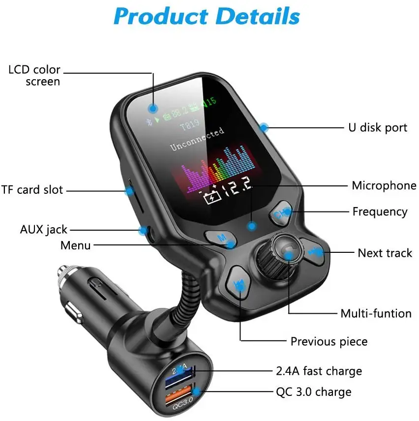 JINSERTA беспроводной автомобильный комплект громкой связи Bluetooth fm-передатчик TF USB Flash музыка играть с QC3.0 быстрое зарядное устройство AUX аудио приемник