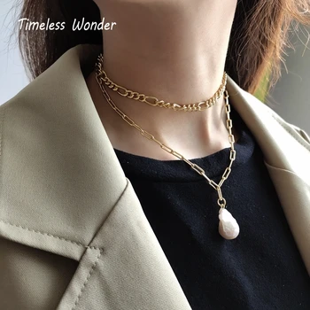 

Timeless Wonder 925 Sterling Sliver Geo Baroque Pearl Chain Choker Necklace Women Jewelry Gothic Chains Christmas Gift Gold 6633