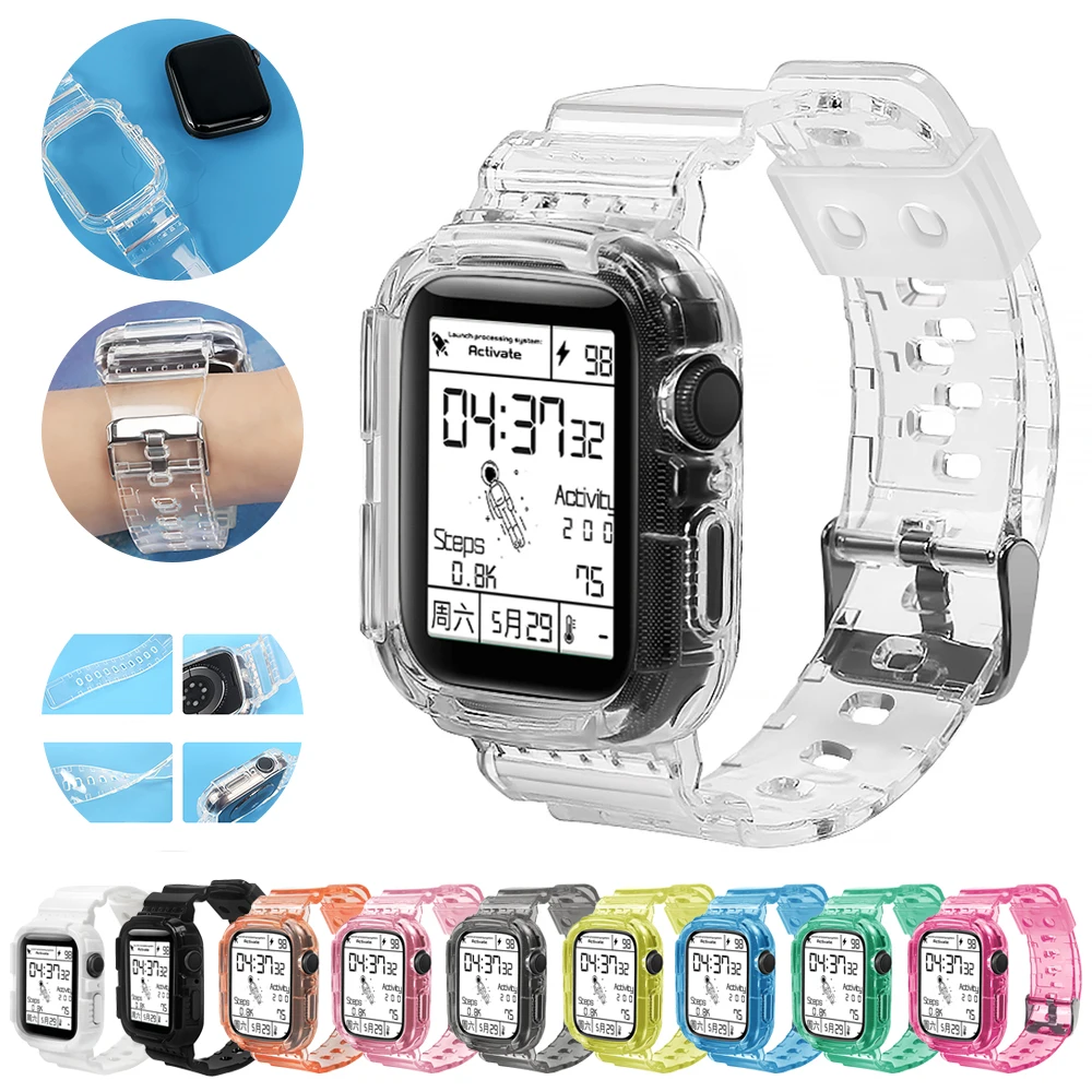 Clear Watch Band for Apple Watch 44mm 40mm 38mm 40mm, Transparent Sports Bands Case Replacement Strap for iWatch SE 6/5/4/3/2/1
