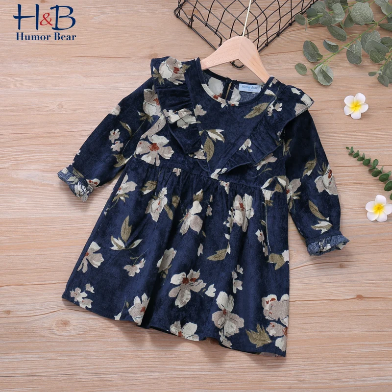 

Humor Bear Girls Dress Autumn Winter Round Collar Long Sleeve Flower Printed Warm Sweet Children Princess Dress For 2-6Y
