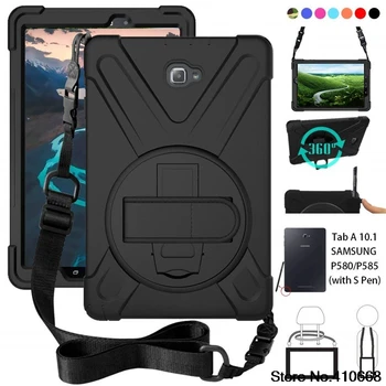 

For Samsung Galaxy Tab A 6 A6 10.1 P580 P585 S-Pen vers Rugged PC+Silicone hard Cover w/360 Swivel Stand,Hand Strap & Neck Strap
