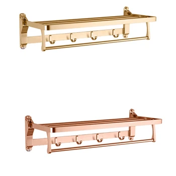 

Towel Holder Bathroom Space Aluminum Rose Gold Hanger Fold Matt Bath Towel Rack Wall Mount Washroom Shelf