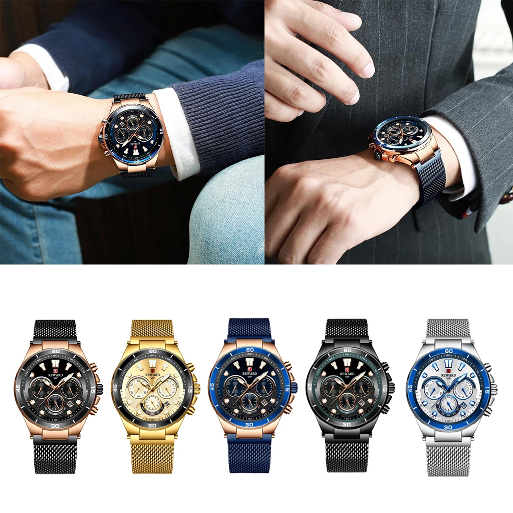 

Mens Watch Waterproof Multifunction Wrist Watches Stainless Steel Mesh Strap Casual Watch Analogue Quartz Watch