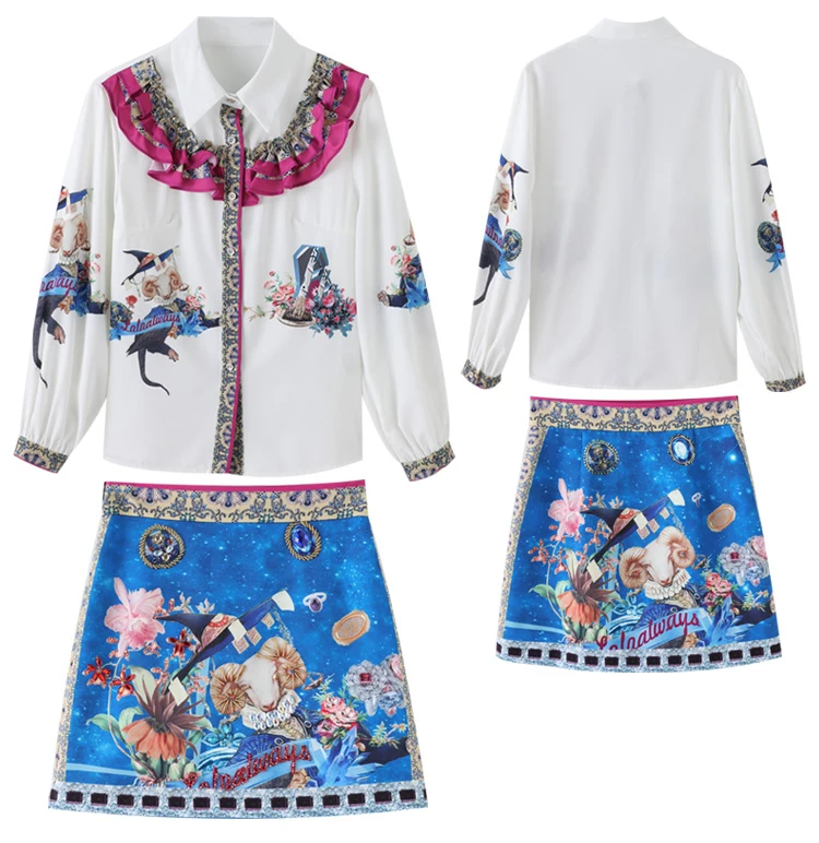 LD LINDA делла Осенняя мода подиум мини юбки костюм Женская белая рубашка и юбка комплект из 2 предметов