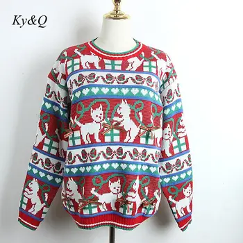 

Brand Casual 2019 Winter Vintage Christmas Sweater Women Cartoon Kitted Bow Jacquard Round Neck Loose Pullover Clothes Jumper