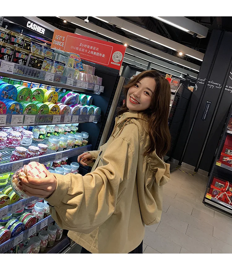 Hong Kong стиль короткий плащ с капюшоном Женский Осень стиль корейский стиль Свободный Повседневный короткий рост рабочая одежда куртка