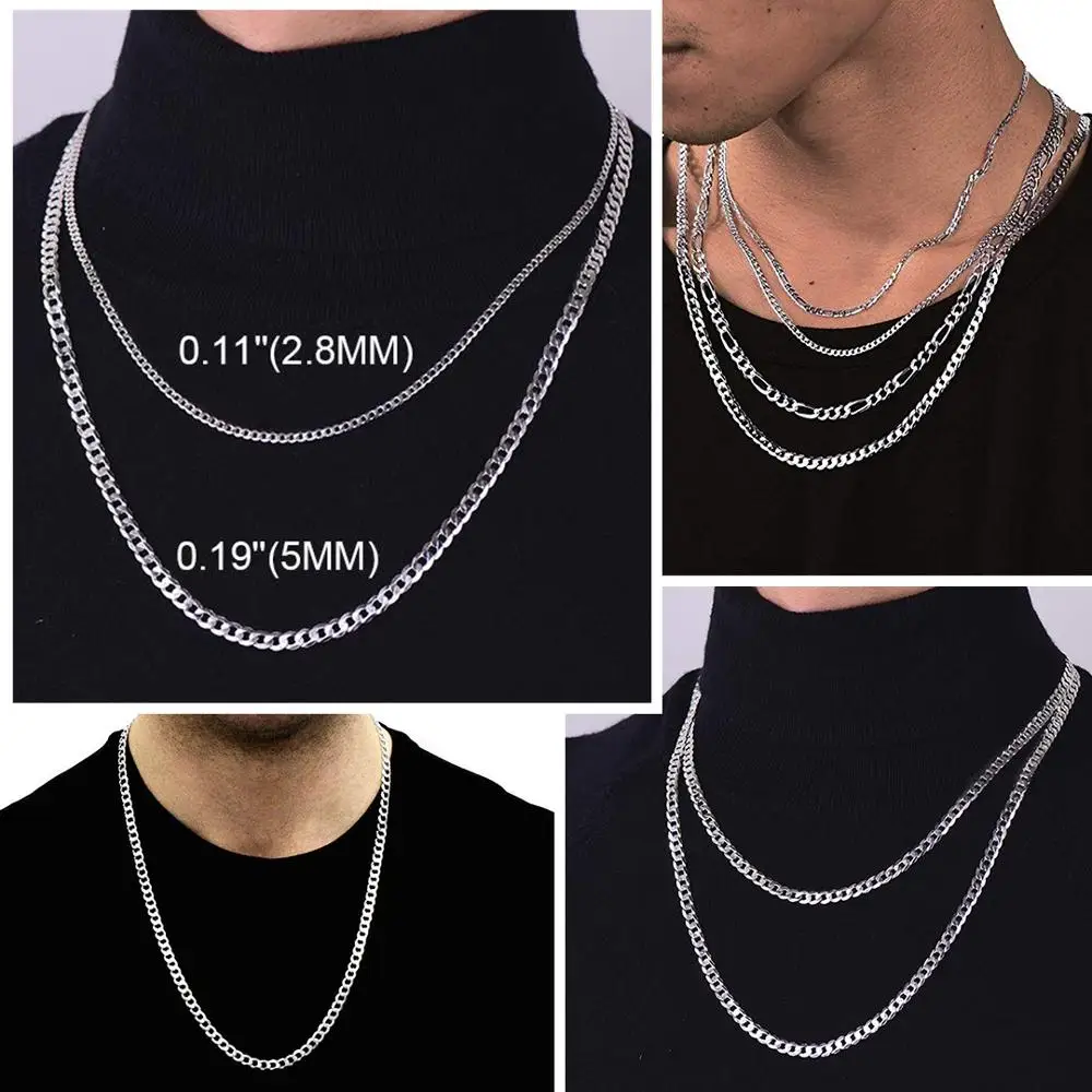 Cena U7 925 Sterling Silver włoski kubański Link łańcuszek naszyjniki dla kobiet mężczyzn dzieci 2.8mm 5mm łańcuch figaro warstwa naszyjnik SC289