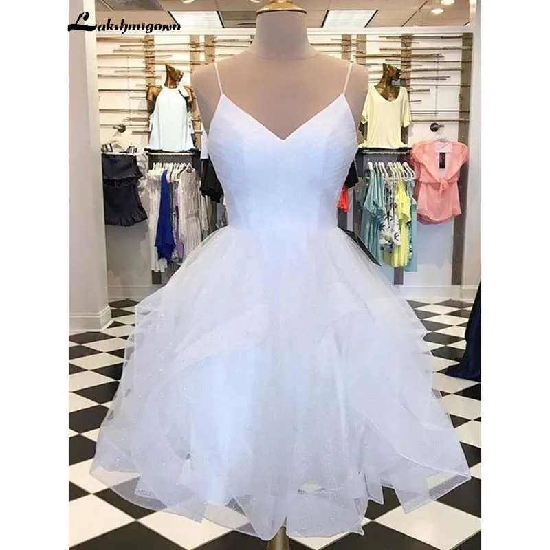 Simple white Beach Short Wedding Dress v Neck Sleeveless shiny tulle A-line Bridal gown Vestido De Noiva | Свадьбы и торжества