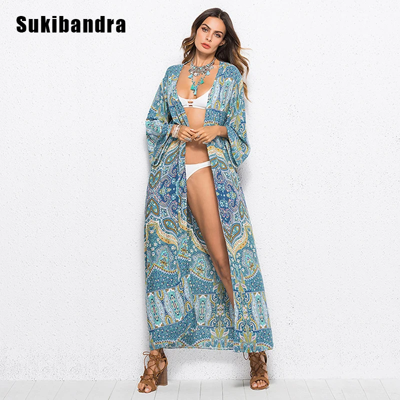 Sukibandra, летние, большие размеры, длинные, макси, с длинным рукавом, кимоно, синие, свободные, пляжные, накидка, блузки, богемные, женские, повседневные, топ, блузка