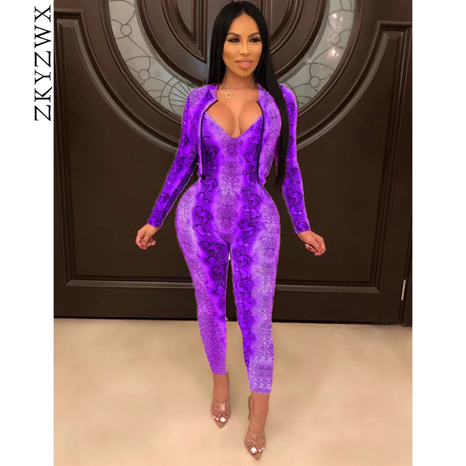 

ZKYZWX Sexy Snake Print Two Piece Rompers Womens Jumpsuit with Jacket Rave Festival Clothing Bodycon Outfits Birthday Jumpsuit