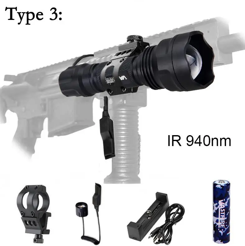 IR-501b Zoomable Focus Hunting Flashlight infrared Radiation IR 940nm Night Vision Weapon Light Rifle Gun Mount Remote Switch - Испускаемый цвет: Type 3