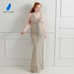 DEERVEADO Plus Size Evening Dresses Long Sexy Deep V Neck Sequins Mermaid Formal Dress Party Gown Robe De Soiree K16563