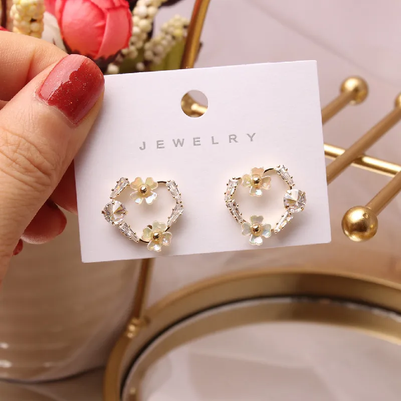 Korean New Design Fashion Jewelry Exquisite Copper Inlay Zircon Color Shell Flowers Love Sweet Student Daily Female Wild Earring | Украшения