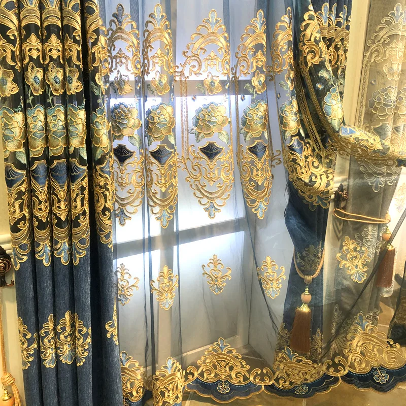 Blue water soluble yarn embroidered decorative curtains for Living Room Luxury Embroidered Voile Drapes Window Curtain Bedroom