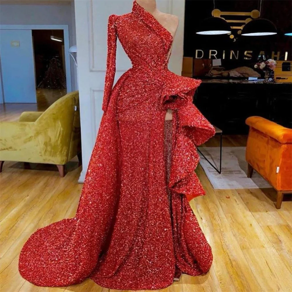 Robe de soiree платье на одно плечо Красные официальные платья для выпускного вечера с блестками вечернее Пышное Платье с высоким разрезом специальные праздничные платья