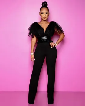 

Top Quality Ladies Sexy V Neck Mesh Black Bandage Jumpsuit 2019 Celebrity Designer Fashion Rompers