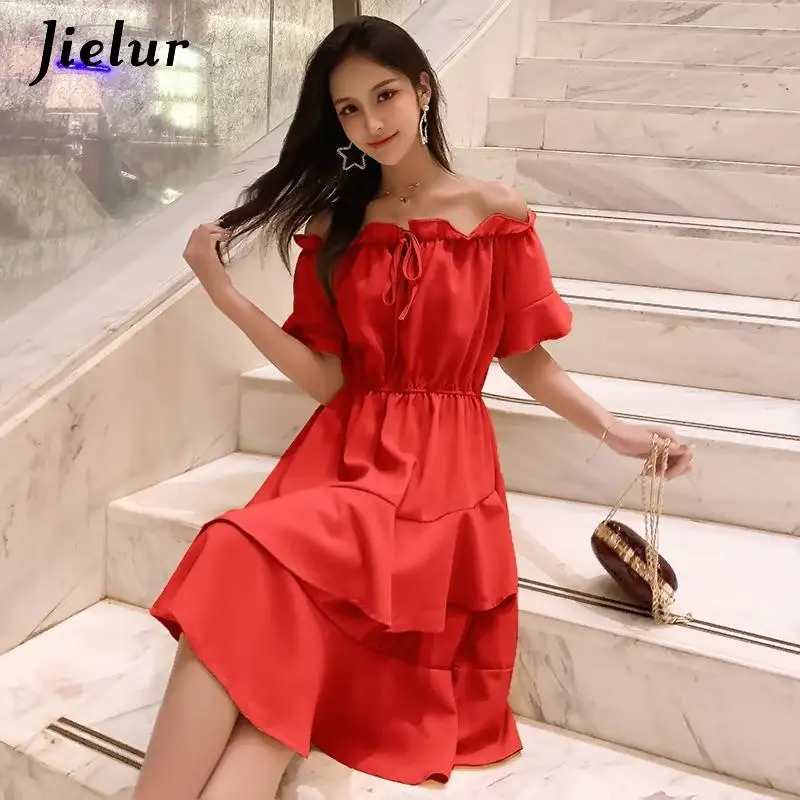 

Jielur Slash Neck Dress Women Off Shoulder Midi Summer Slim A-line Ruffles Fashion Elegant Korea Robe Fashion Beach Dress Ladies