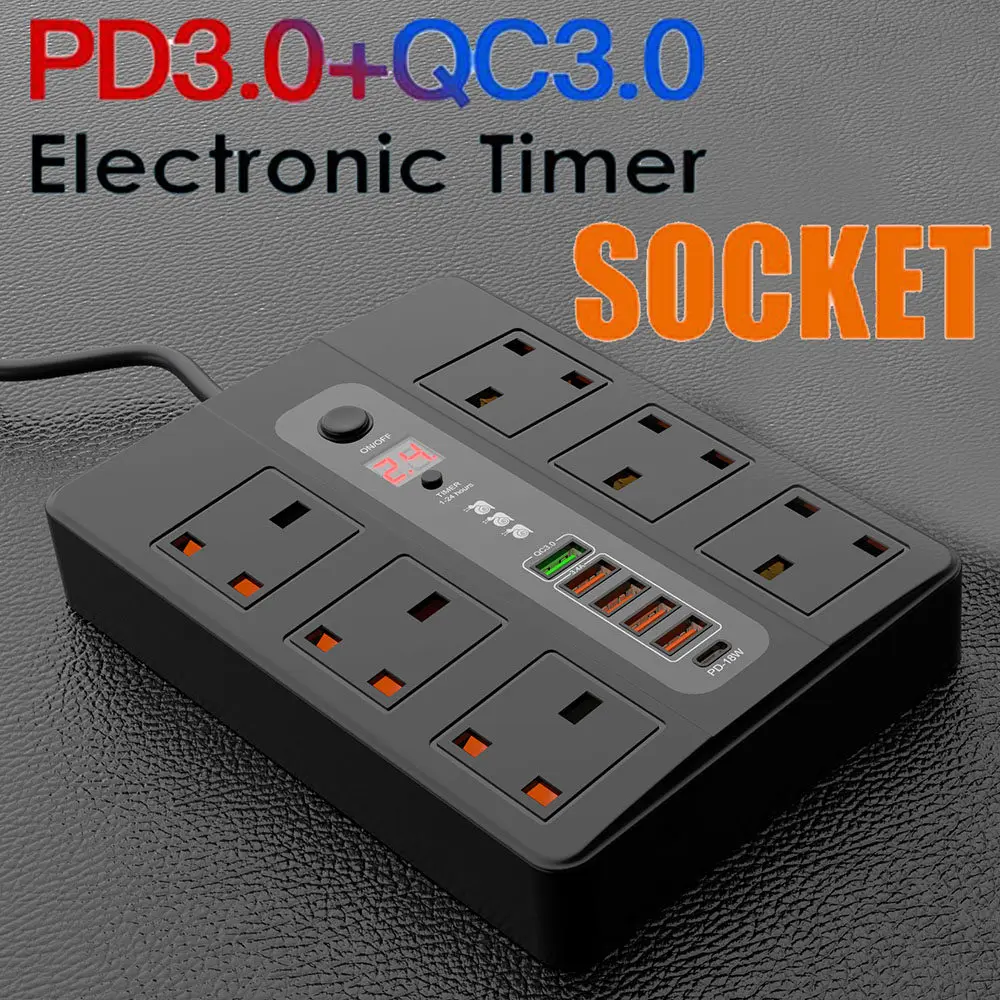 

URVNS 2500W 6 Outlet Surge Protector, 2 Meter Extension Cord, UK Plug Power Strip with Timing Function and PD 3.0 QC3.0 USB Port