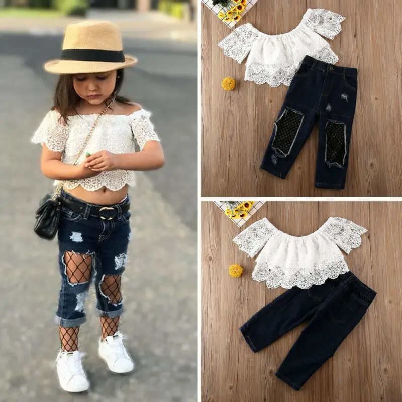 Kleinkind Kinder Baby Mädchen Schulterfrei Spitzen Топы+ джинсы Hosen комплект одежды От 2 до 7 лет