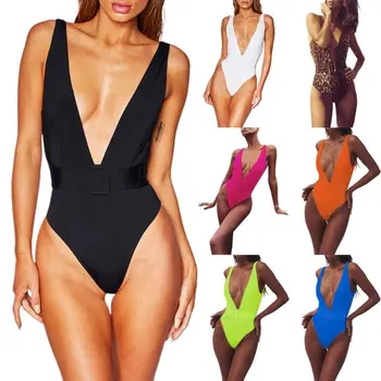 

Women One Piece Swimsuit Sexy Deep V-Neck Backless Bikini Bright Solid Color Monokini Buckle Wide Waistband Push Up Bathing Suit