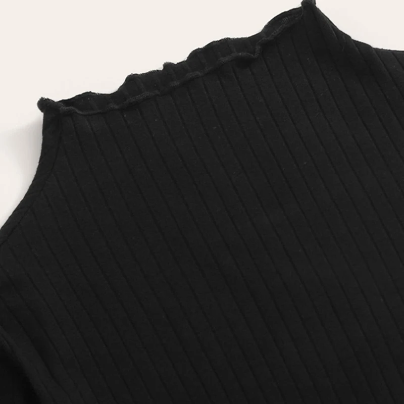 SHEIN, стоячий воротник, Однотонная футболка с отделкой салата, ребристая трикотажная футболка, женские футболки, осень, длинный рукав, элегантная Офисная Женская футболка