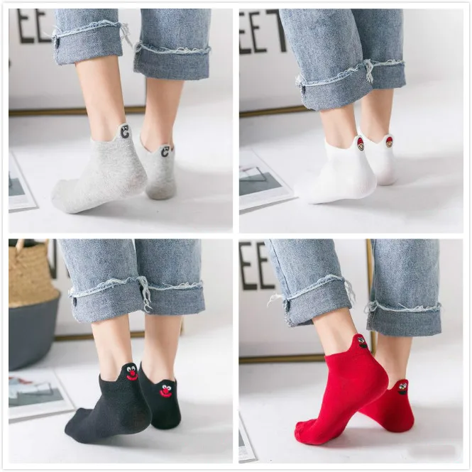 color 2 4 Pairs/lot Women Socks Kawaii Embroidered Expression Boat Socks Candy Color Cotton Breathable Ankle Socks Unisex Funny Socks - Цвет: color 2