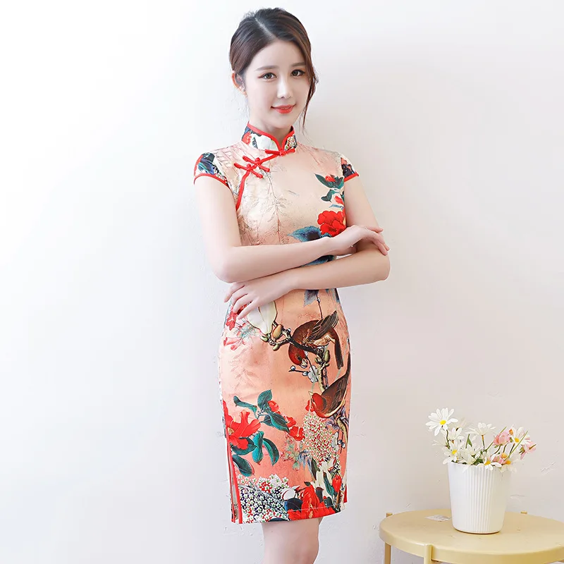 Женское платье с цветочным принтом, воротник-стойка, Qipao, новинка, короткое, вискоза, Cheongsam, китайское традиционное элегантное тонкое платье, большой размер, 3XL, Vestiso