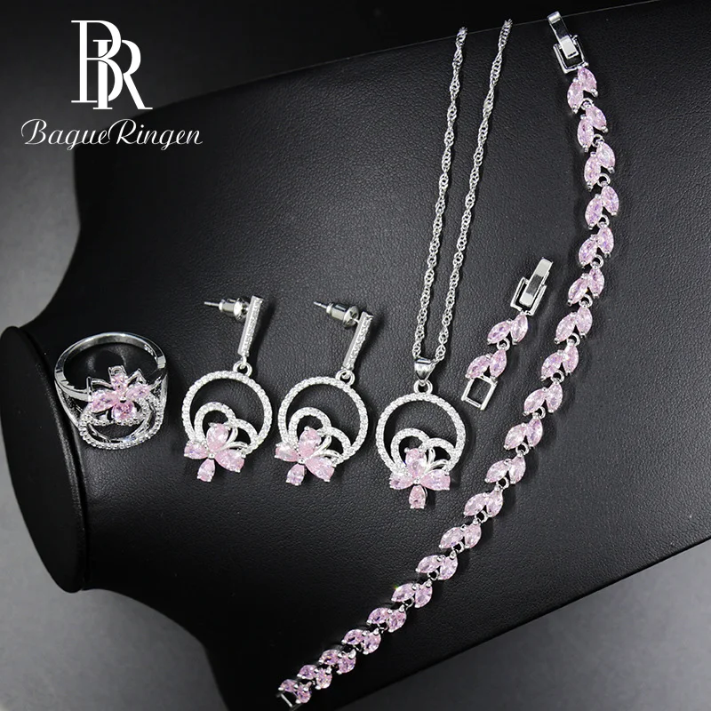 Bague Ringen Ювелирные наборы для женщин серебро 925 розовое кольцо с камнями серьги