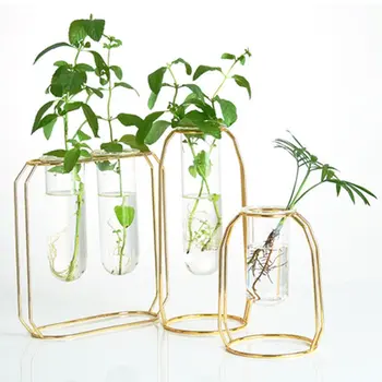 

Nordic Style Flower Vase Plating Wrought Iron Test Tube Glass Flower Arrangement Vase Flowers Plant Hydroponic Decoration Home