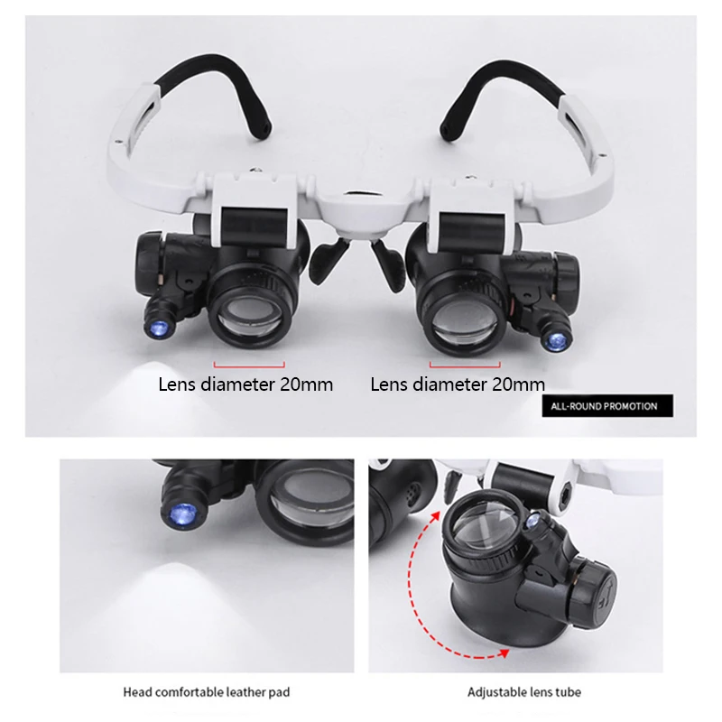 Le noir Loupe de montée sur la tête avec lumière LED loupe