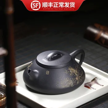 

assistant worker, gold drawing, small capacity, single pot, tea set, black mud, fish leaping over the dragon's gate