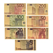7 unids/lote 5 10 20 50 100 200 500 EUR billetes de oro en oro de 24K dinero de papel falso para la colección de conjuntos de billetes de Euro
