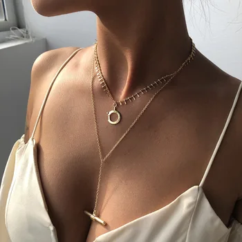 

N7551 Fashion Parts Sexy Simple Sequin Circle Tassels Choker Cool Metal Wafer Necklace