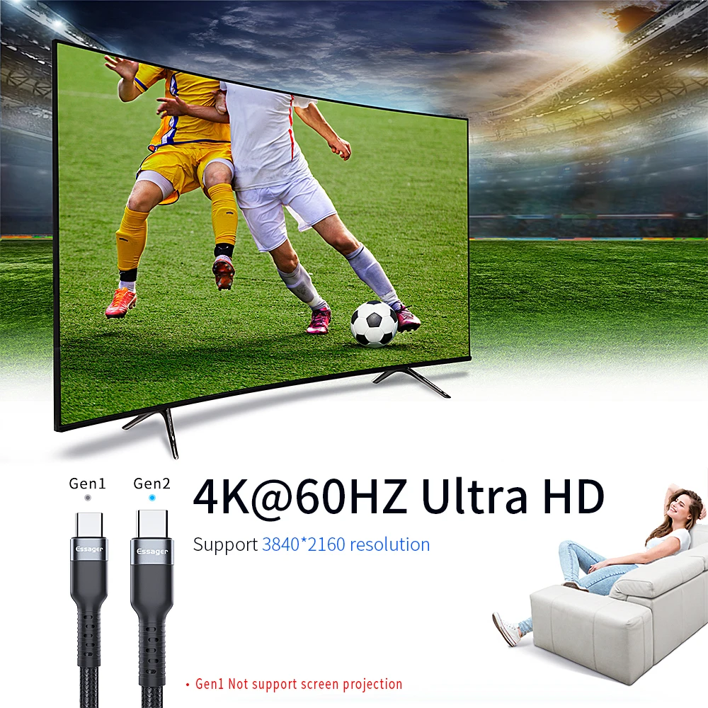 Essager USB Type C to USB C Video Cable Adapter For Macbook Huawei Mate 20 Pro Samsung S10 S9 USBC to Type-C Extender Converter
