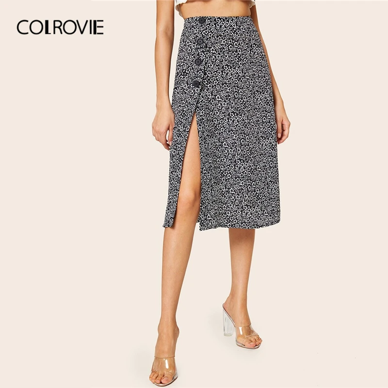 

COLROVIE Ditsy Floral Button Side Split Thigh Skirt Women 2019 Summer Ladies Midi Skirt High Waist Elegant Boho Skirts