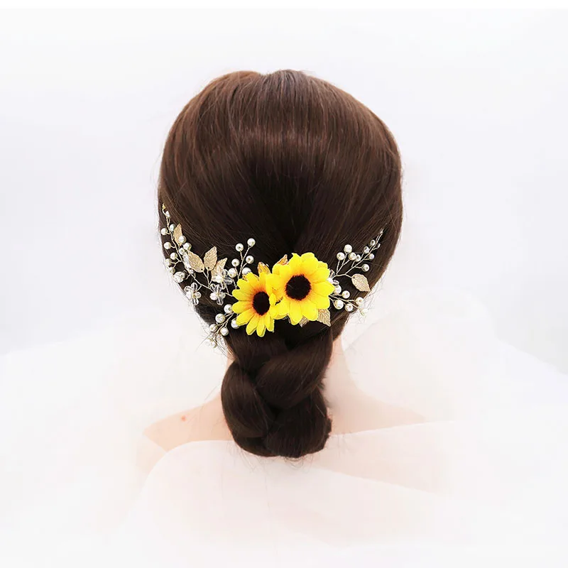 Fairy Beauty Girls Photo Accessories Sunflower Daisies Decor Hair Band Handmade Glass Faux Rhinestone Bride Headdress Jewelry youlapan luxury rhinestone bridal bouquet handmade jewelry bridal accessories wedding hand flower holding flowers hf01