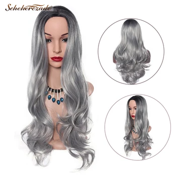 

Scheherezade Ombre Silver Grey Black Wig Long Wave Synthetic Wigs For Black Women Cosplay Wigs High Temperature Fiber