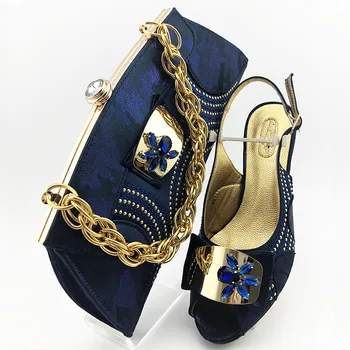 

Wholesale price dark blue African high heel sandal shoes matching with handbag set MM1111, Heel Height 7cm