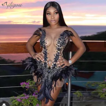 

Ailigou 2020 Ladies Sexy Mesh Gauze Perspective Rhinestone Black Feather Dress Dance Costume Prom Birthday Celebration Dress