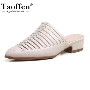

Taoffen Women Sandals Shoes Fashion Square Low Heels Slippers Fancy Genuine Leather Shoes Women Strap Toe Footwear Size 33-43