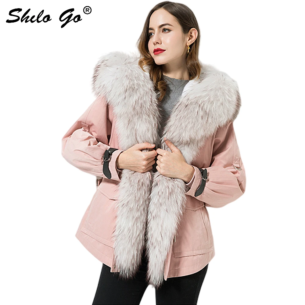 

Fur Parkas Casual Real Raccoon Fur Collar Plocket Hooded Drop Shoulder Rabbit Fur Lining Coat Women Winter Plus Size Outwear