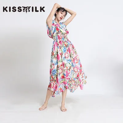 

Fashion Elegant Casual Ruched V-neck Sleeveless Elastic Waist Flowers Print Chiffon Dress