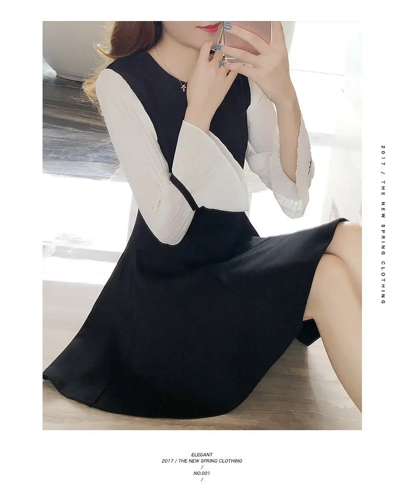 

Impulse Autumn Clothing New Style Bell Sleeve Black And White with Pattern Long-sleeved Dress Students Black Dress Slim Fit Slim