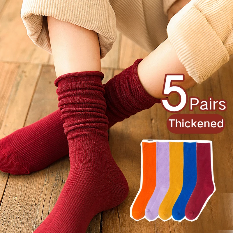 5 пар/партия, зимние Хлопковые женские гольфы, японские корейские носки для девочек средней школы, свободные однотонные носки с двойными спицами - Цвет: Long C
