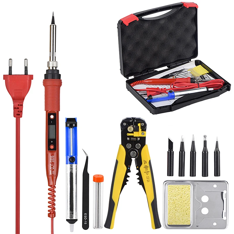 JCD Soldering Iron Kit With Wire Stripper 220V 80W LCD Solder Welding Tools Ceramic Heater Multifunctional Wire Cutters Pliers