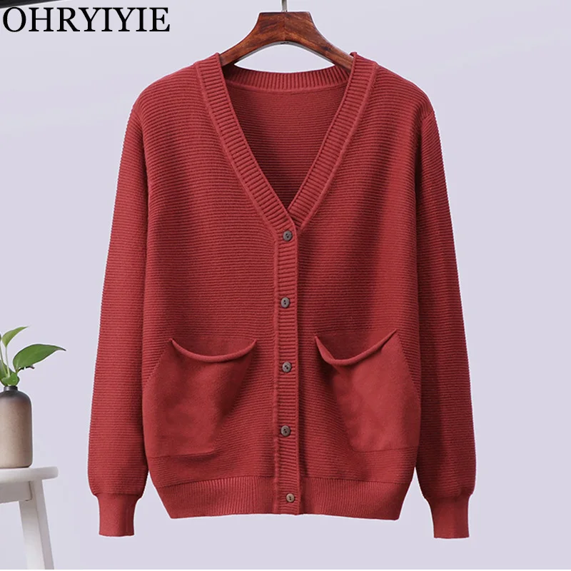 

OHRYIYIE Short Women Cardigans Sweater V neck Solid Loose Knitwear Single Breasted Casual Red Grey Knit Cardigan with Pockets